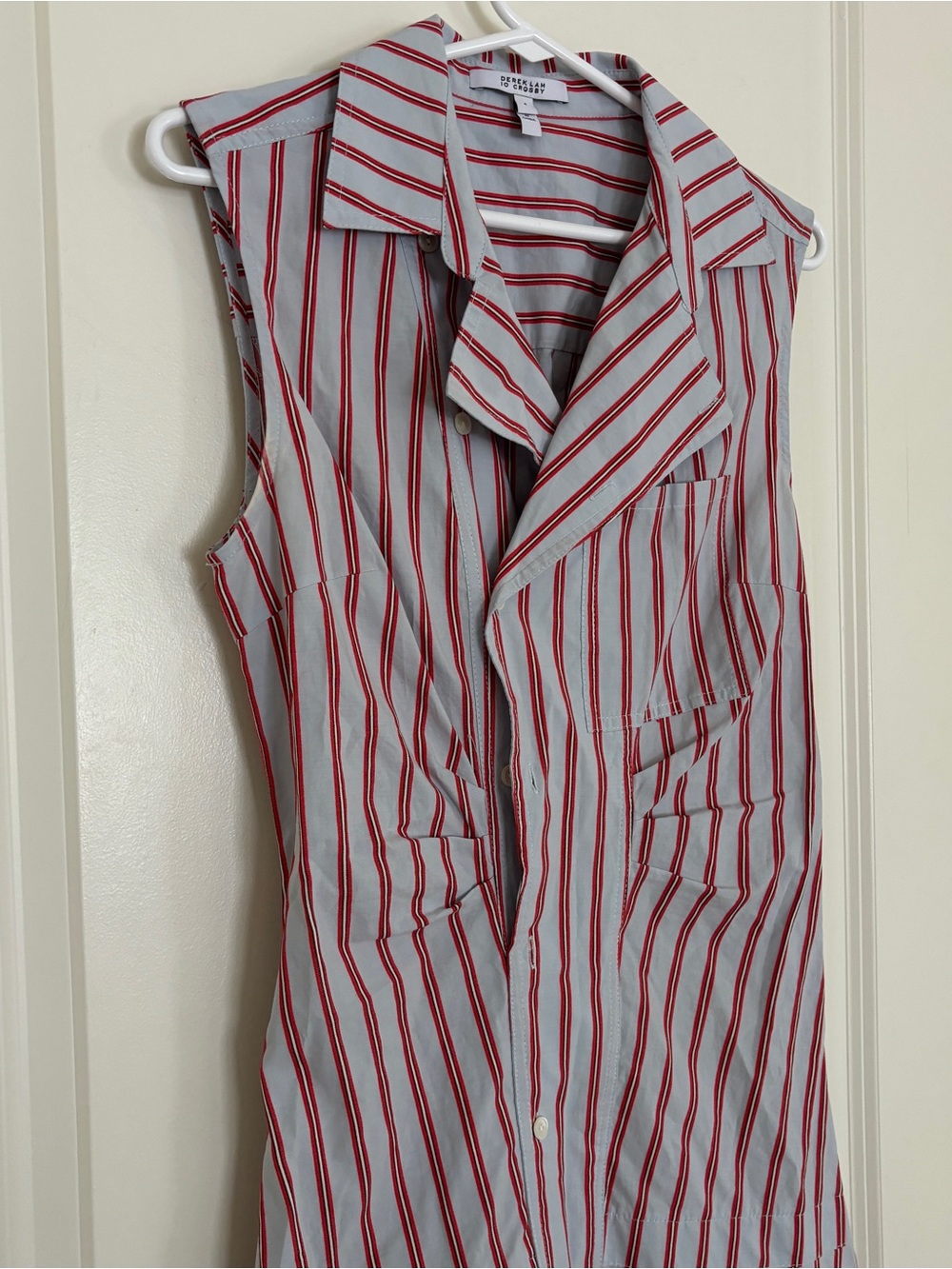 Derek Lam 10 Crosby Satina Striped Asymmetric Shirt Dress Size 4 Blue Red Cotton